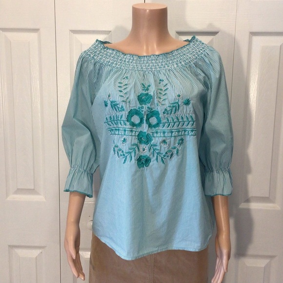 Grand & Greene Womens Green Boho Off The Shoulder Embroidered Top Size Medium - Picture 4 of 7